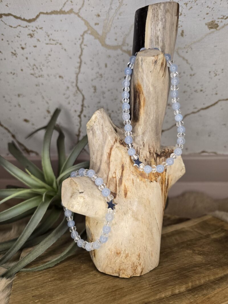 Set: Enkelbandje & armband Aquamarijn & facetgeslepen bergkristal