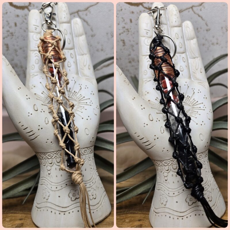 Sleutelhanger edelsteenbuis Rode jaspis, Bergkristal & Obsidiaan met Koper