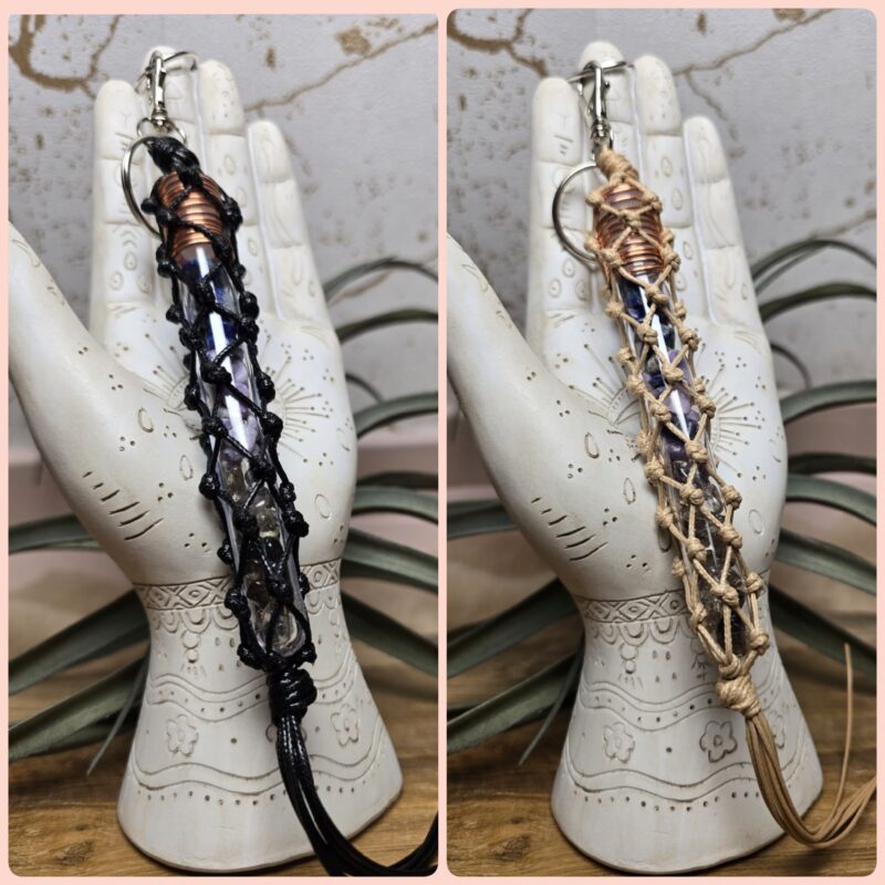 Sleutelhanger edelsteenbuis Lapis lazuli, Lepidoliet & Rookkwarts met Koper